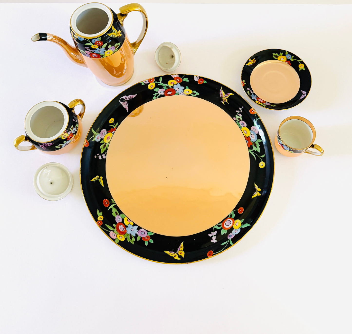 Noritake M Vintage Lusterware  Floral Butterfly 7 Pieces Coffee Set Made In Japan