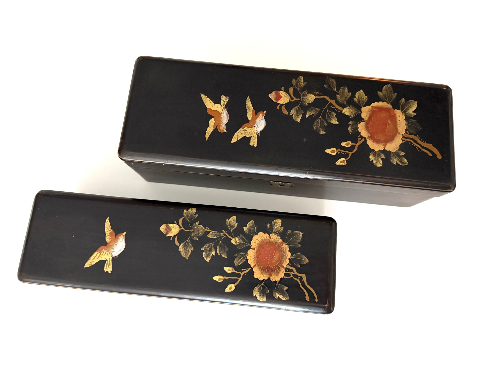 Japanese Black Lock Signed Hinged Boxes Hand Painted Floral Birds Design