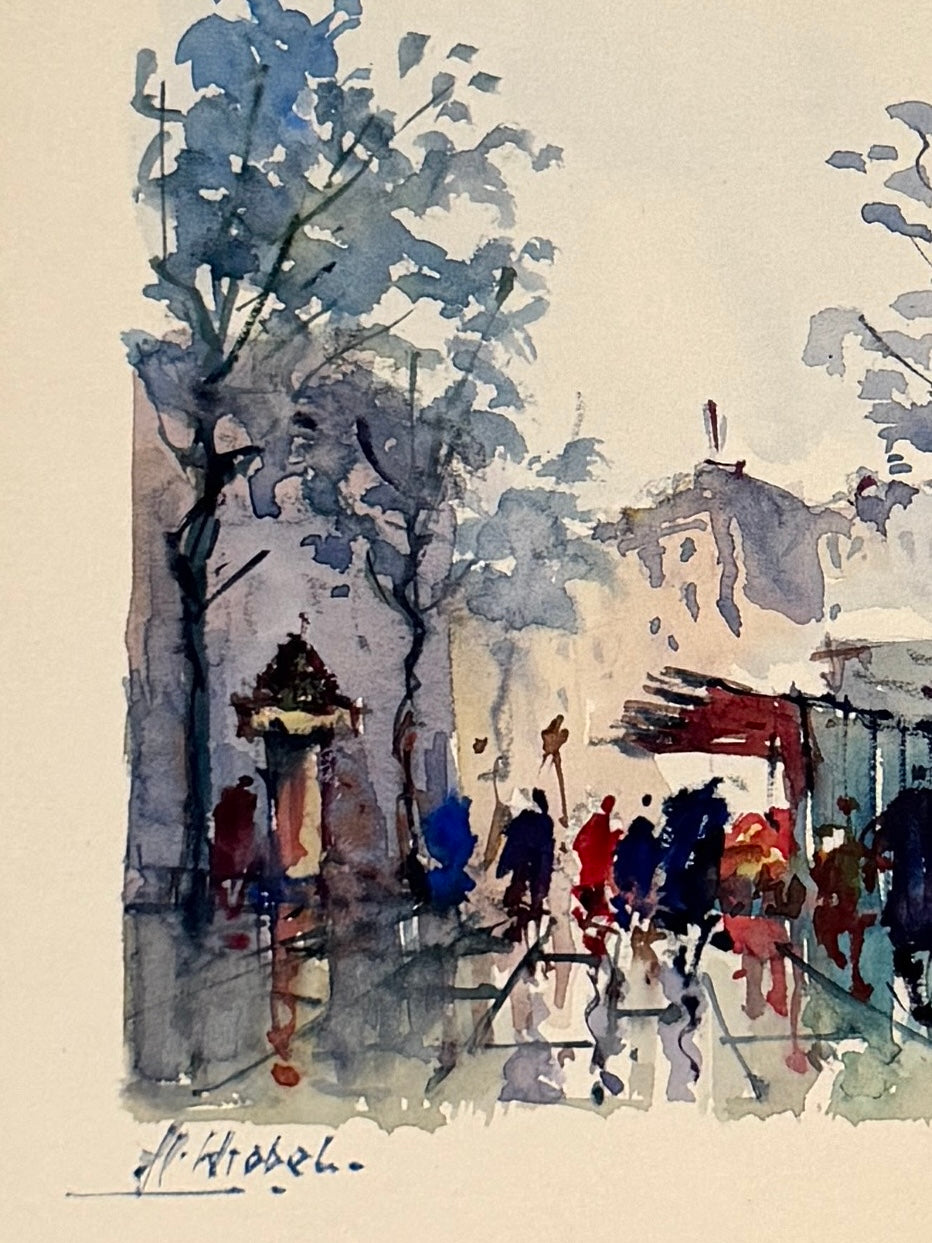 Watercolor painting of a street scene with trees, buildings, and small figures, signed in the lower left corner.