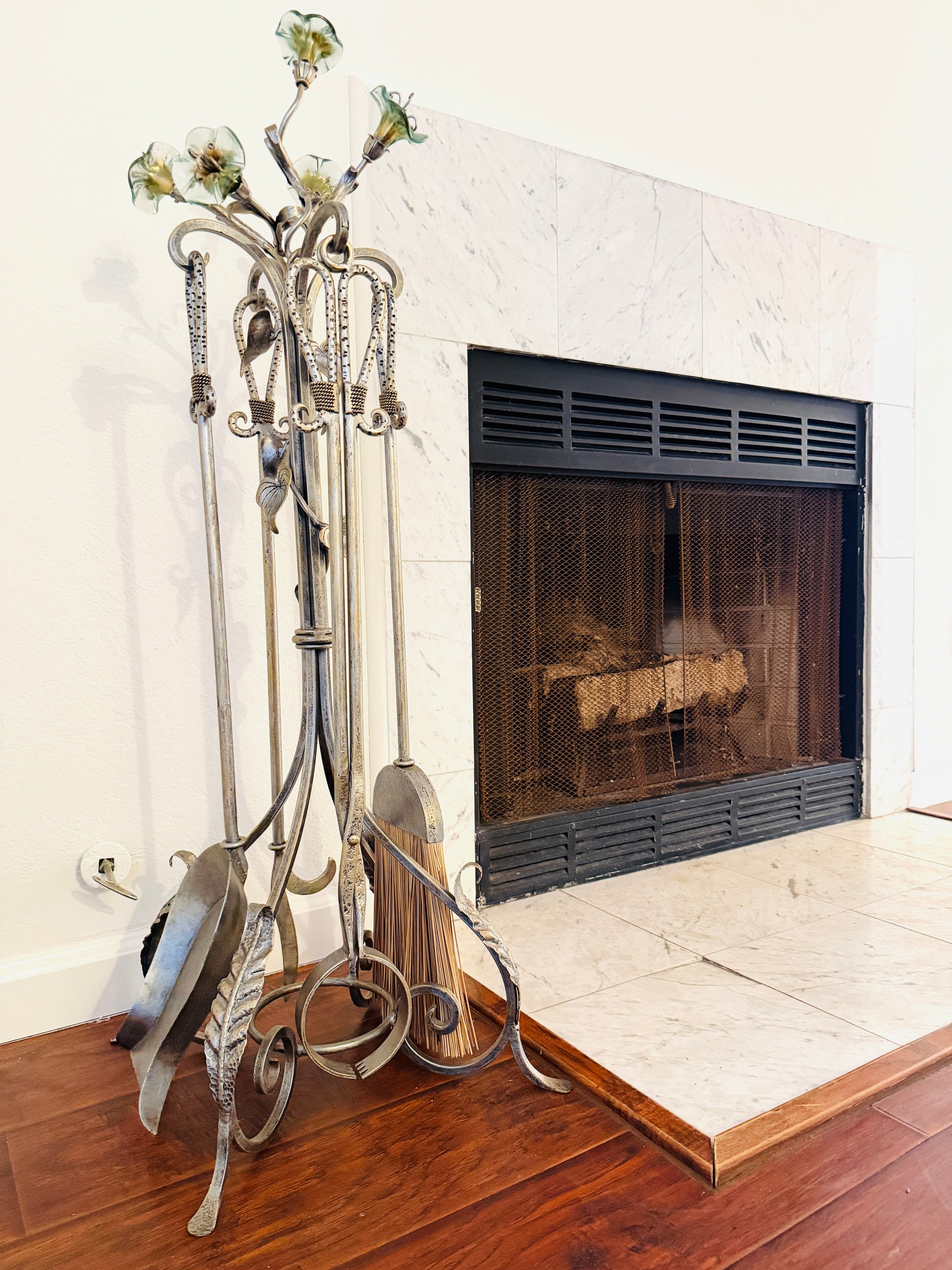 Janice Minor Design Wrought Iron Glass Amaryllis Fireplace Tool Set