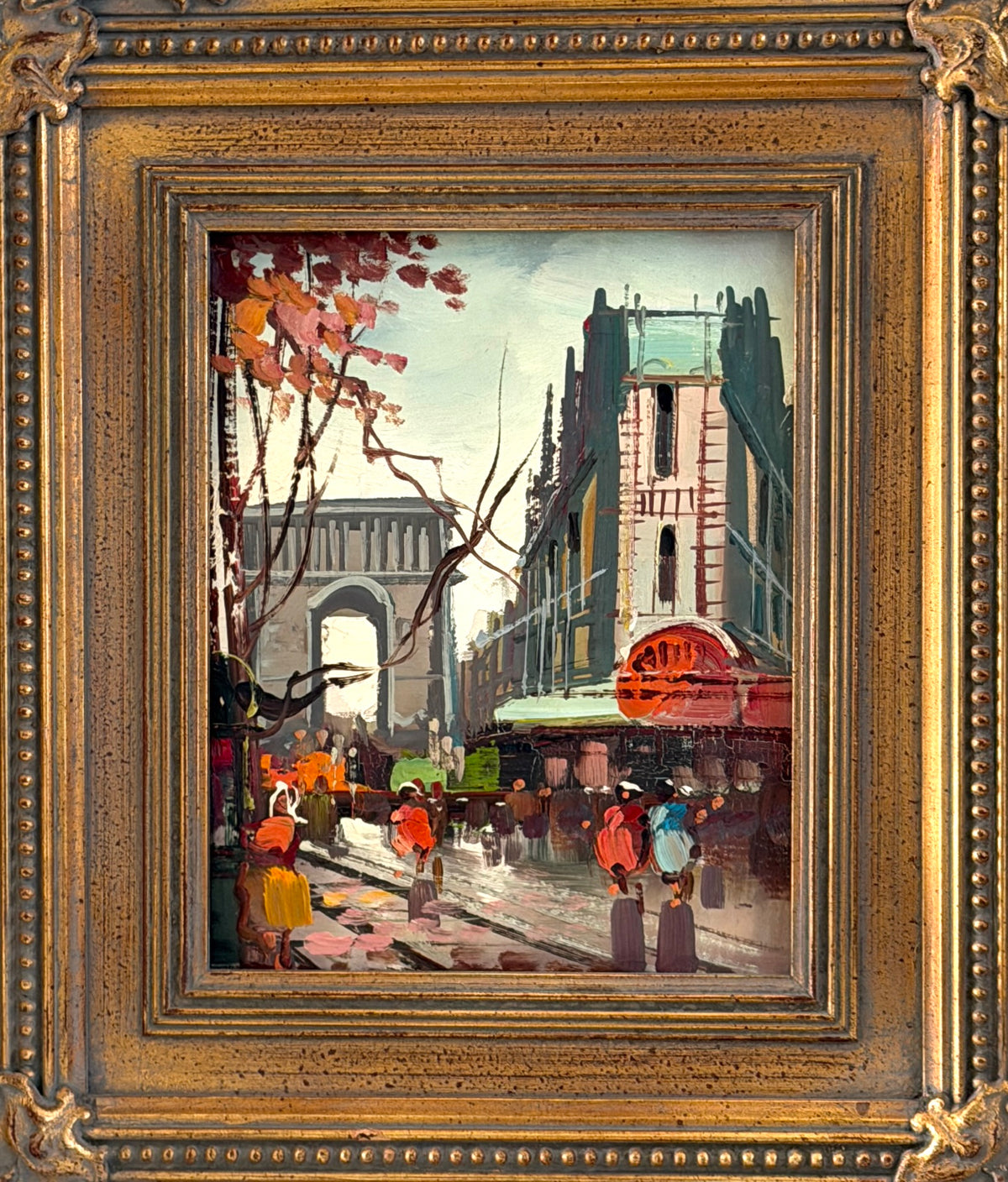 Parisian street scene with the Arc de Triomphe in the background, colorful figures, storefronts