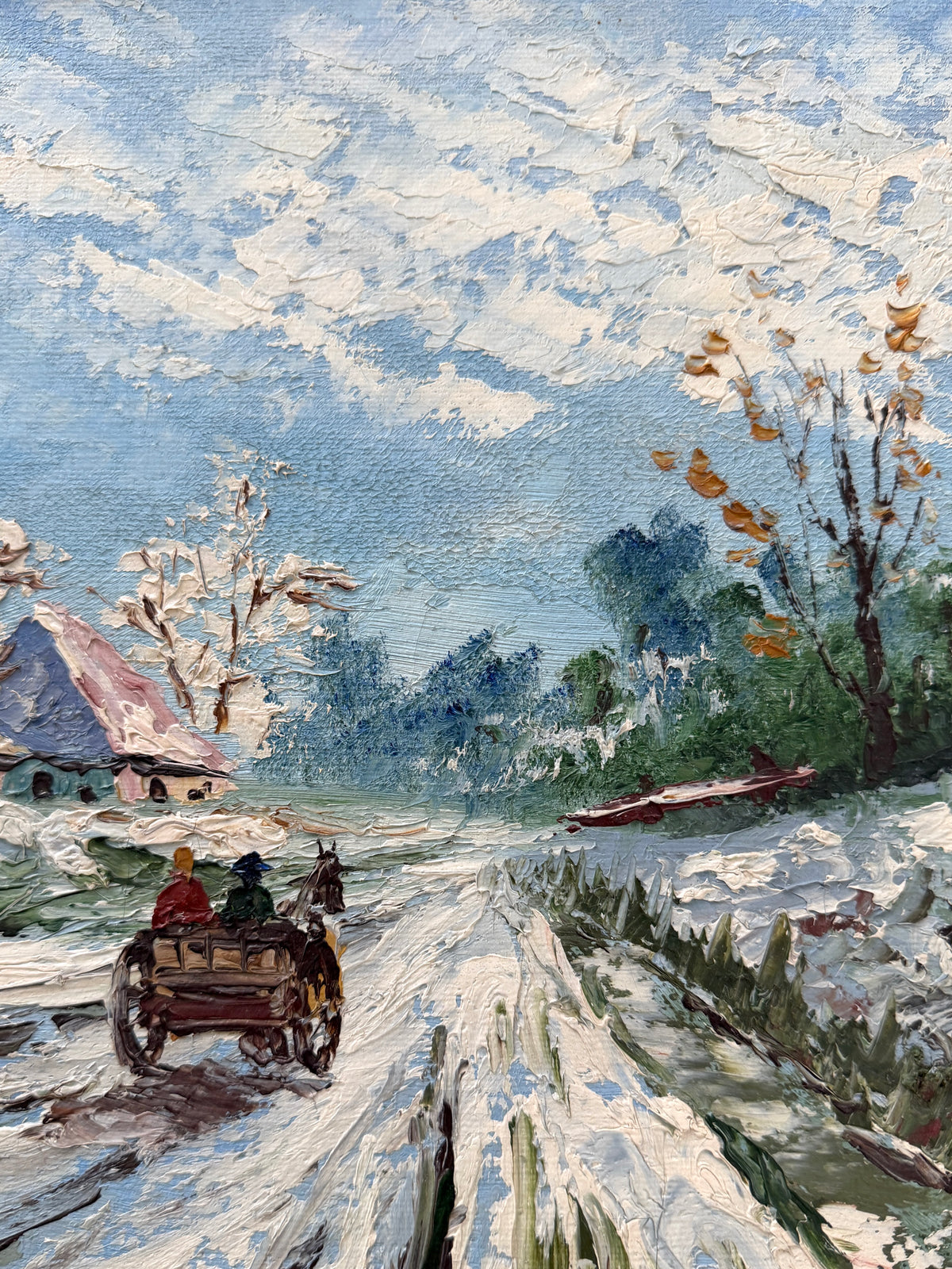 Impressionist-style winter landscape painting showing a snowy road with a horse-drawn carriage, trees, a small house, and a blue sky with textured brushstrokes.