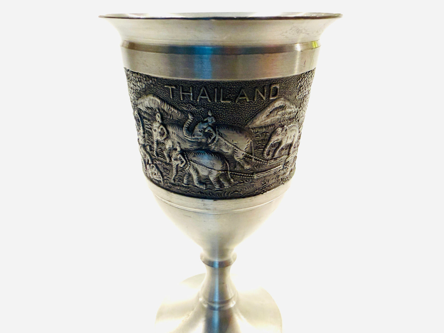Kajit Thailand Pewter Outdoor Scene Elephants Stemware Cordial Goblet Hallmarked