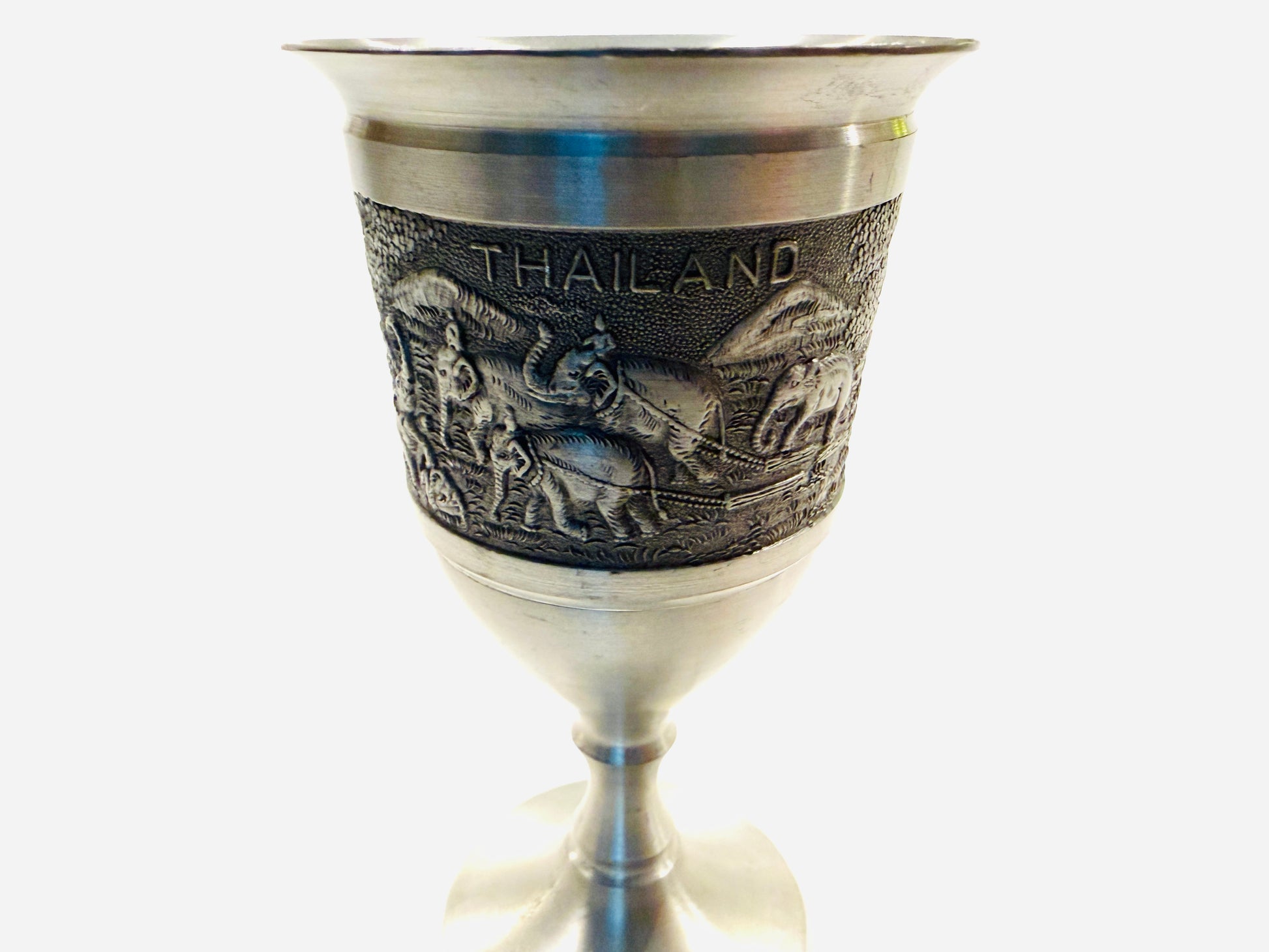 Kajit Thailand Pewter Outdoor Scene Elephants Stemware Cordial Goblet Hallmarked
