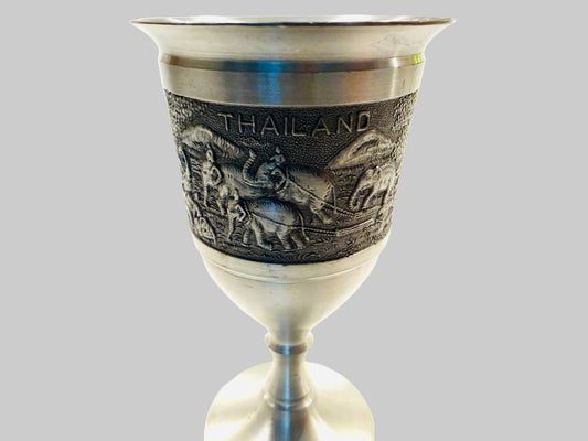 Kajit Thailand Pewter Outdoor Scene Elephants Stemware Cordial Goblet Hallmarked