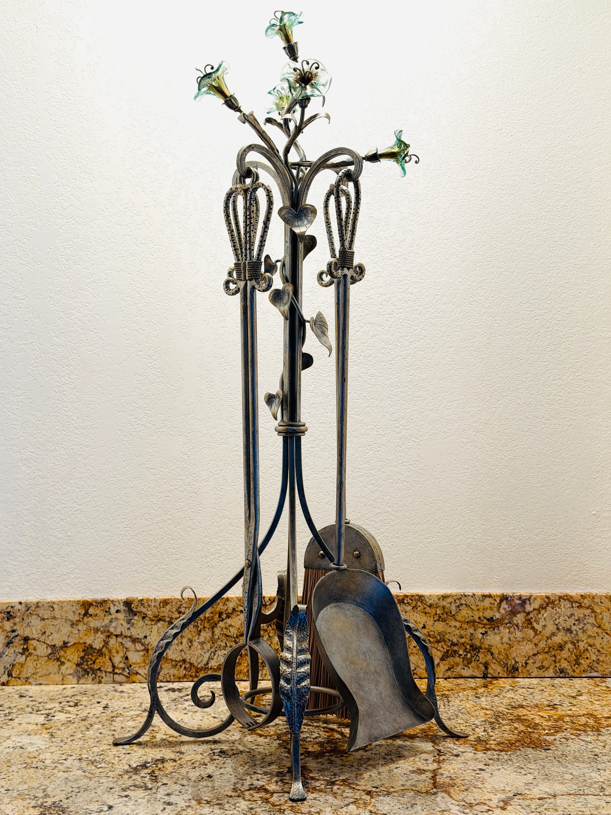 Janice Minor Design Wrought Iron Glass Amaryllis Fireplace Tool Set