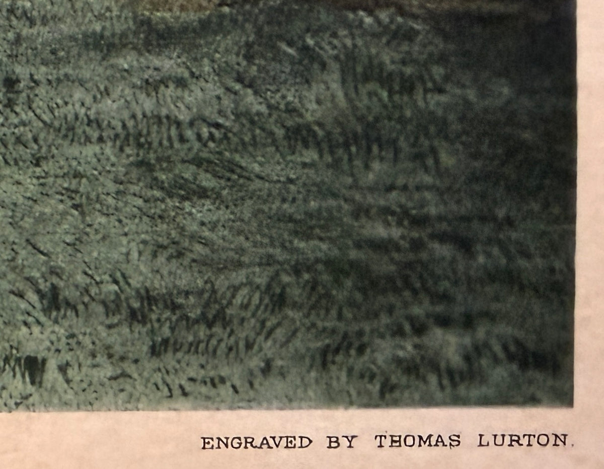 A close-up of an engraved dark textured surface with the caption 'ENGRAVED BY THOMAS LURTON' printed below on a light beige background.