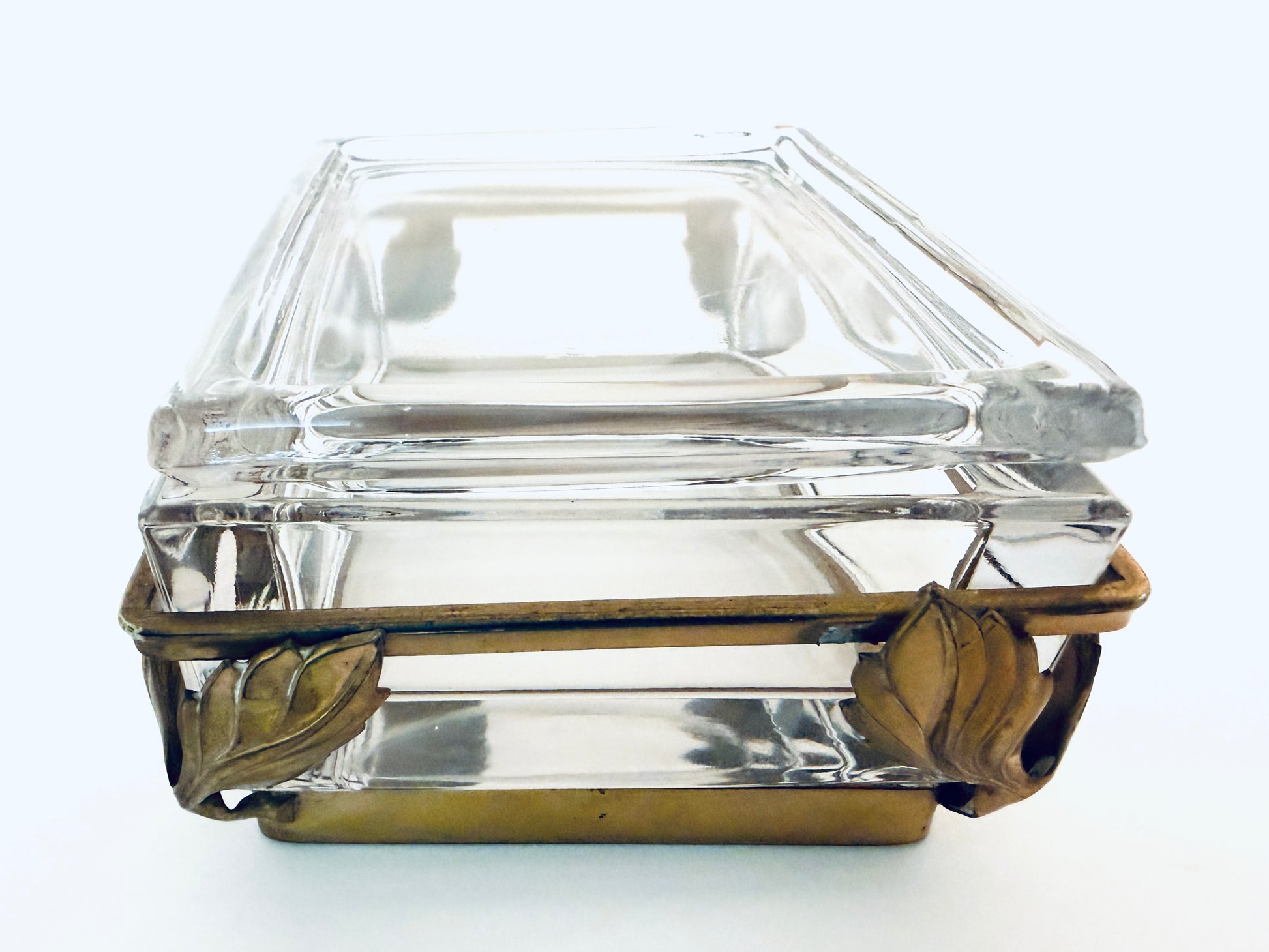 Apollo Brass Heisey Pressed Glass Leaf Design Antique Box