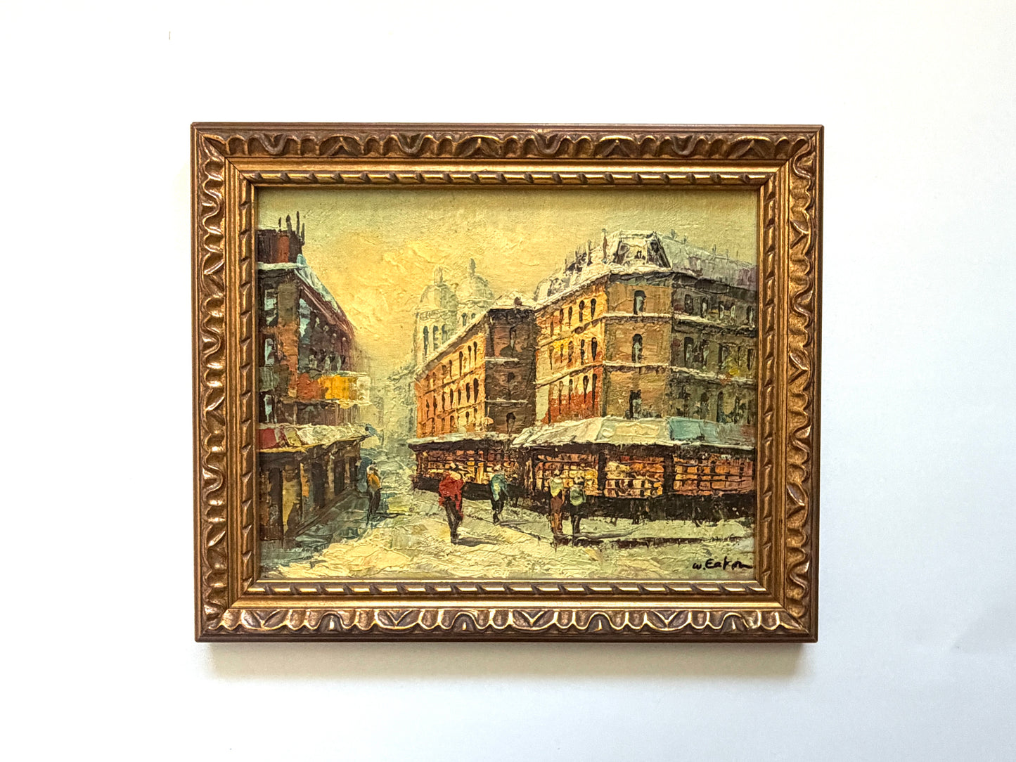 W Eaton Parisian Snow Covered Street Scene Framed Oil on Panel