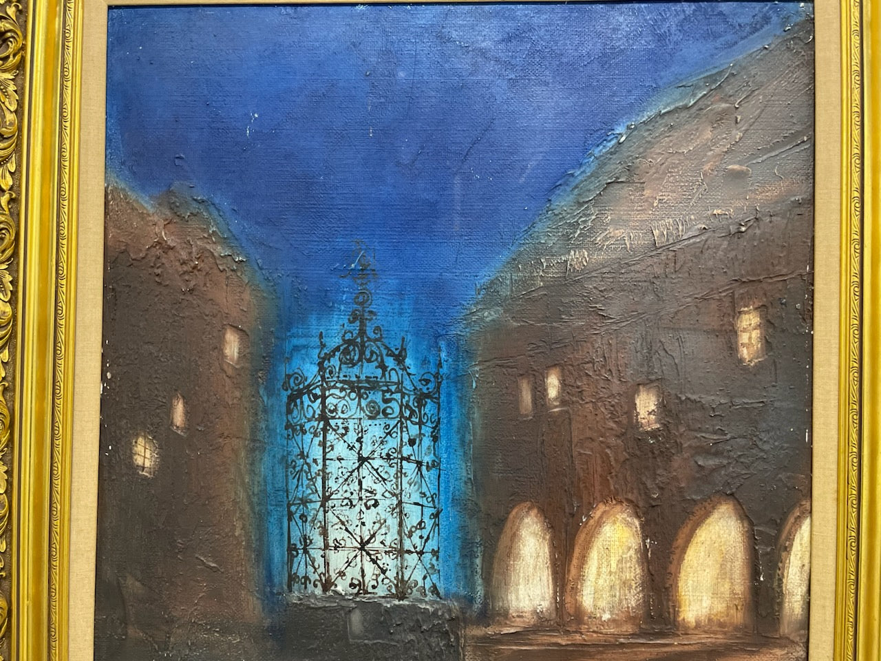 Painting of a cathedral interior with a large, ornate gate in the center signed Ivo Soukup Golden Frame 