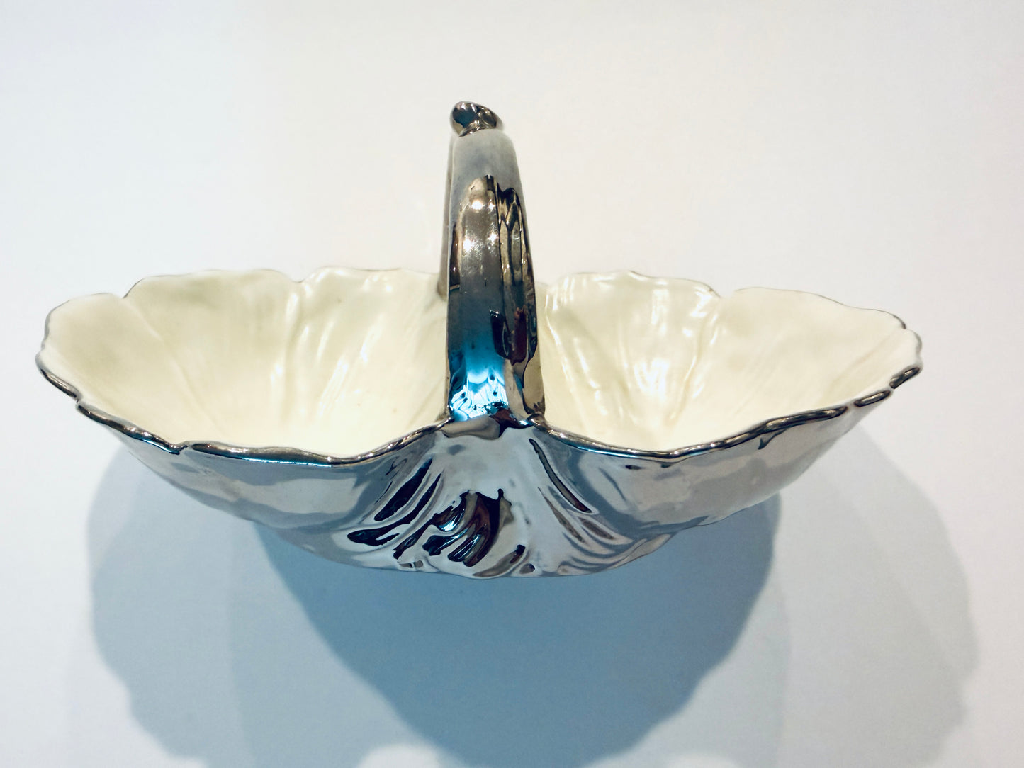 Silver Overlay Scallop Porcelain Serving Basket Made In Czechoslovakia