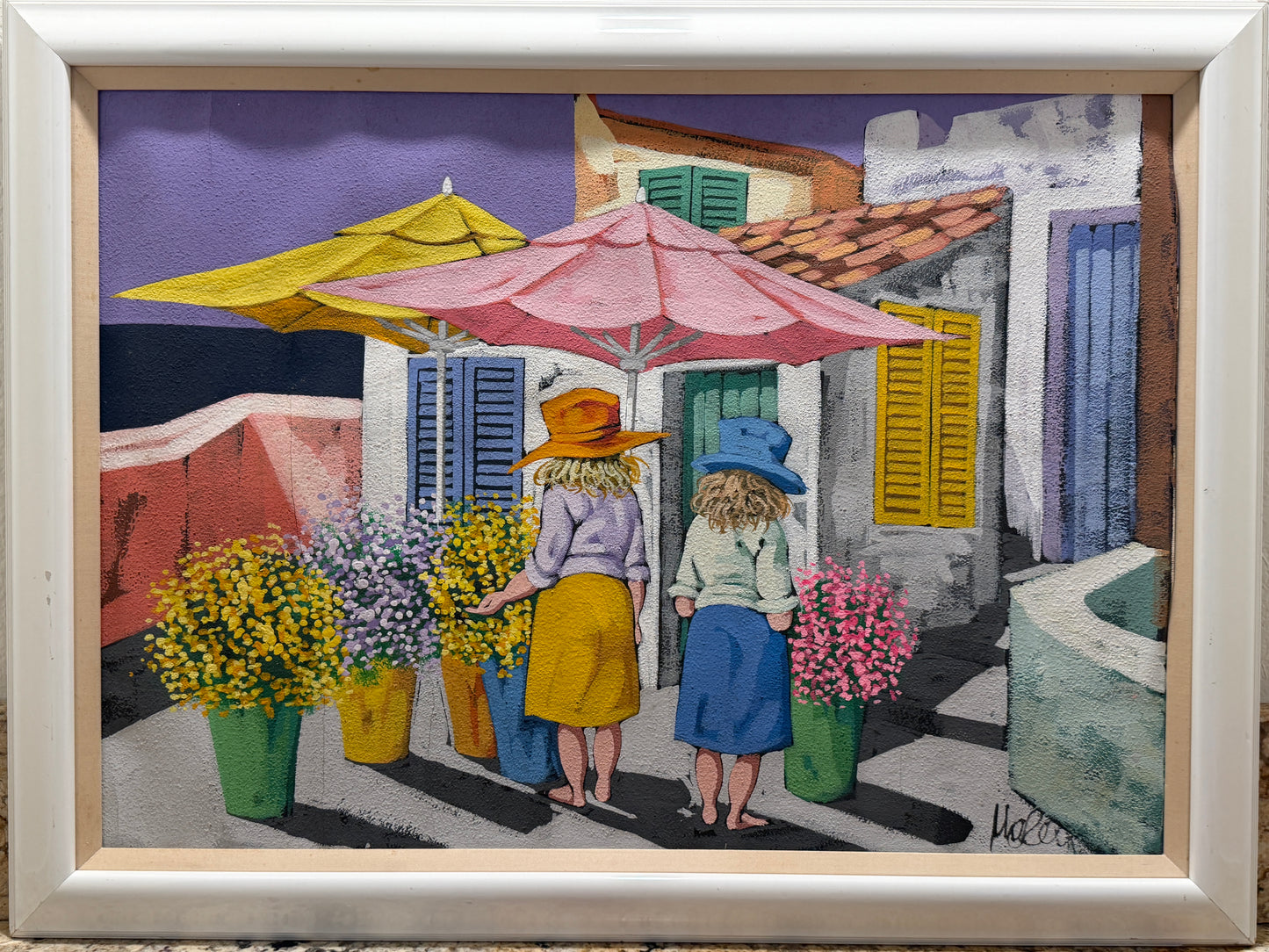 Impressionist Gouache On Paper Two Women In The Courtyard Signed Watercolor