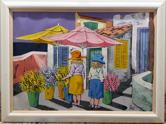 Impressionist Gouache On Paper Two Women In The Courtyard Signed Watercolor