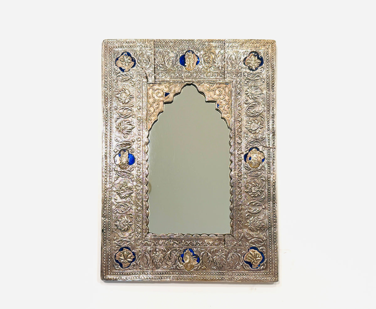 Antique Persian Silver Figurative Enamel Cartouches Frame Floral Repousse Arch Mirror