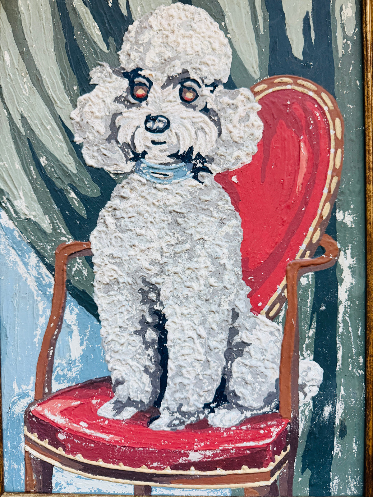 A textured oil painting of a white poodle sitting on a red armchair, set against a painted background of blue and green brushstrokes.