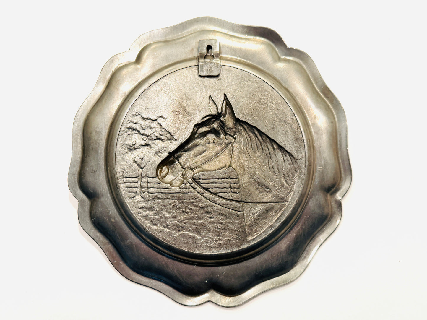 Germany Pewter Ribbed Horse Head Relief Wall Plate SKS Zinn Design