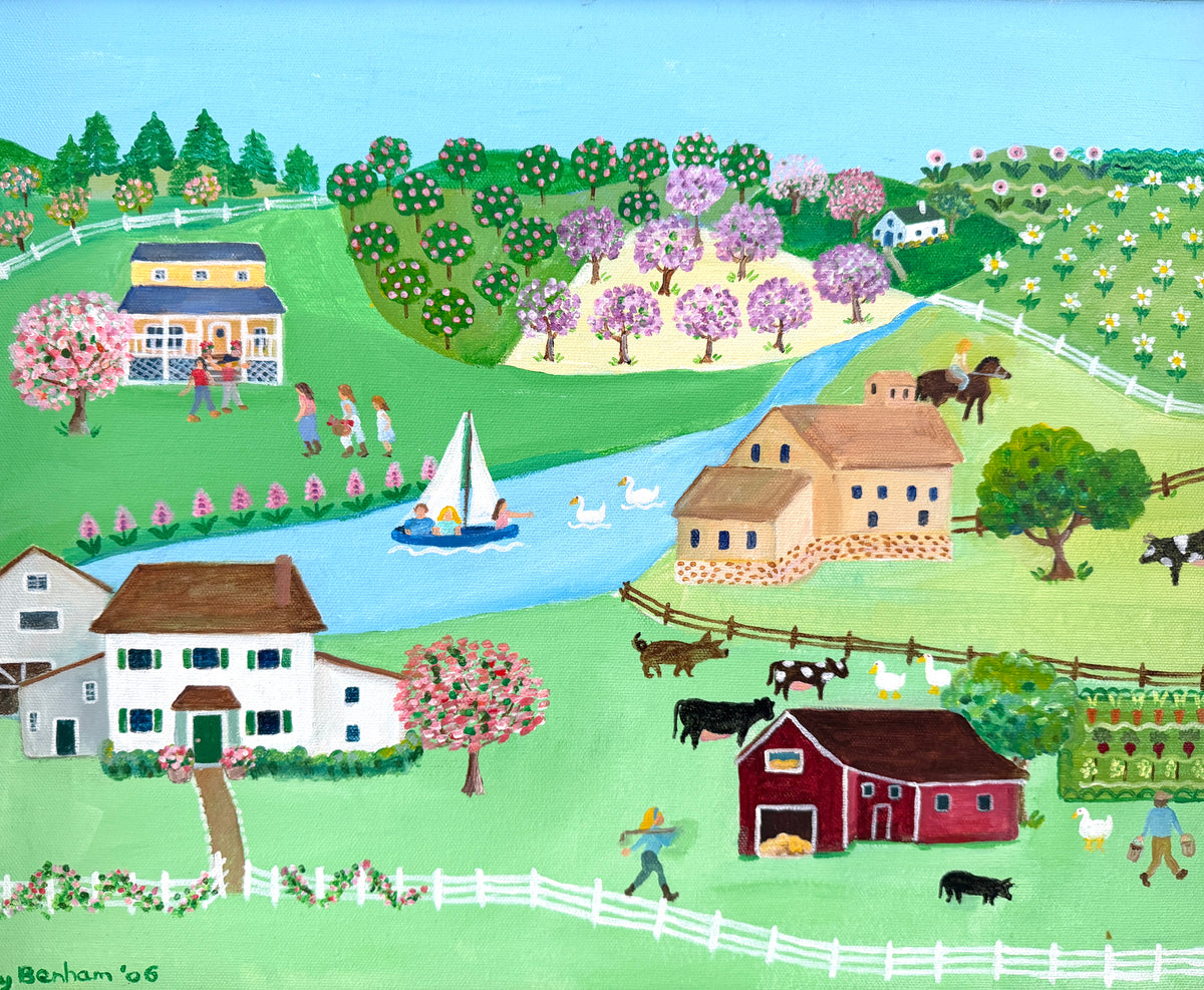 A framed folk art landscape painting depicting a rural scene with houses, barns, trees, fields, and a river Signed Kay Benham 06