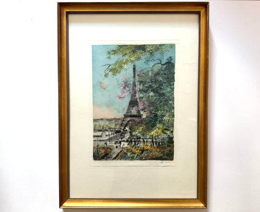 Eugene Veder Eiffel Tower Paris France Eau Forte Originale Signed Gouache