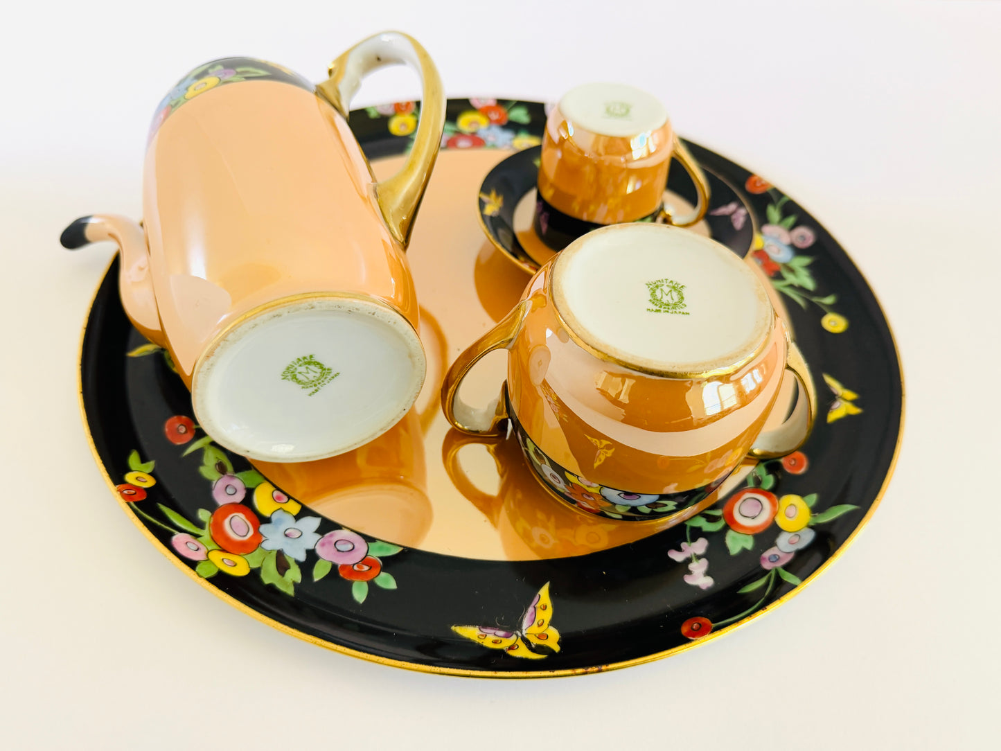 Noritake M Vintage Lusterware  Floral Butterfly 7 Pieces Coffee Set Made In Japan