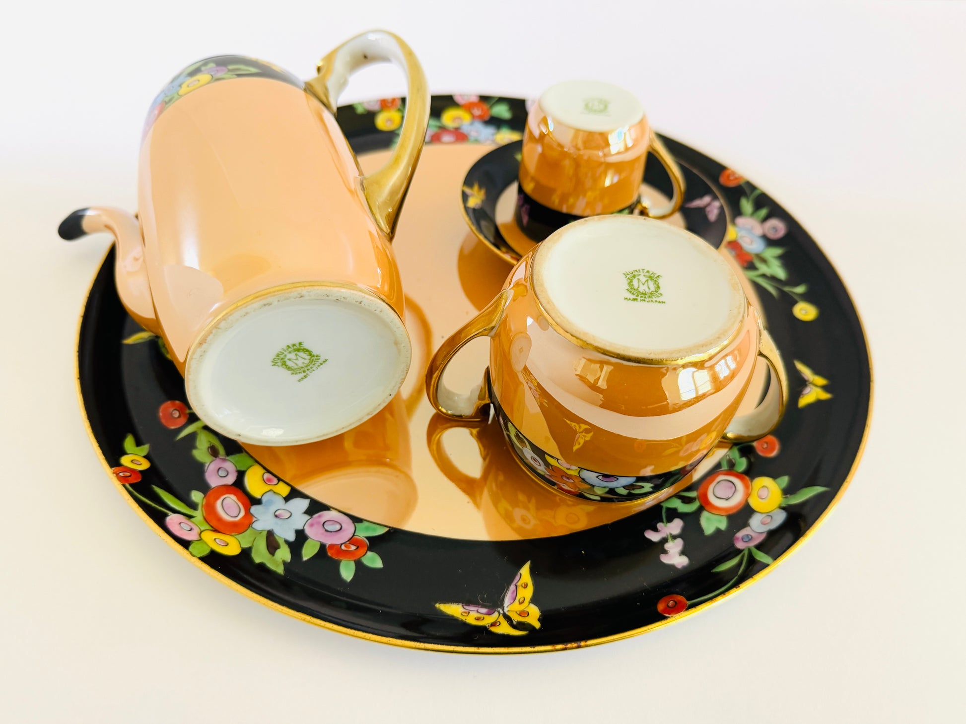 Noritake M Vintage Lusterware  Floral Butterfly 7 Pieces Coffee Set Made In Japan