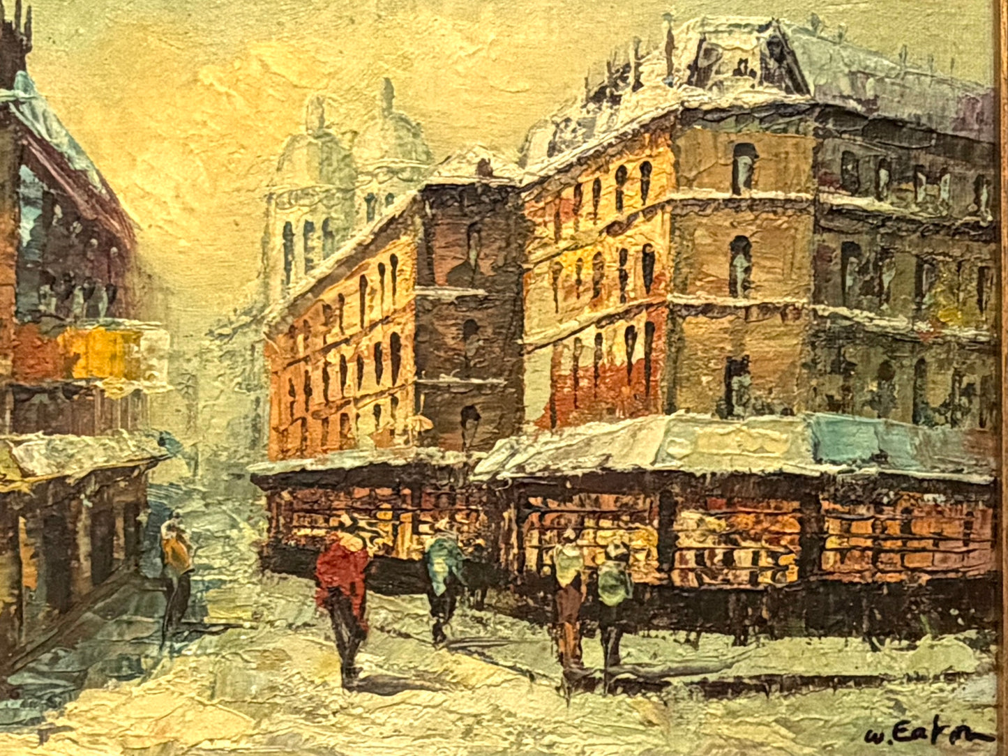 W Eaton Parisian Snow Covered Street Scene Framed Oil on Panel