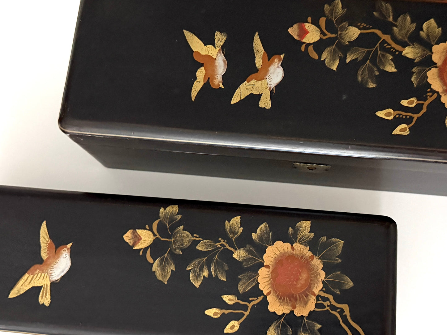 Japanese Black Lock Signed Hinged Boxes Hand Painted Floral Birds Design