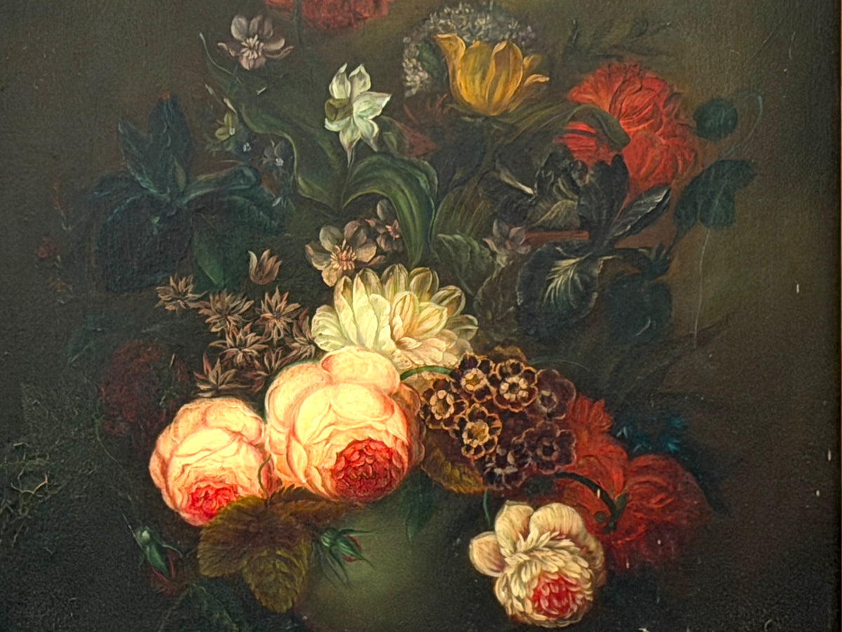 A classical oil painting depicting a dense floral bouquet with prominent pale pink and white roses, red flowers, yellow blossoms, and dark green foliage against a dark olive background.