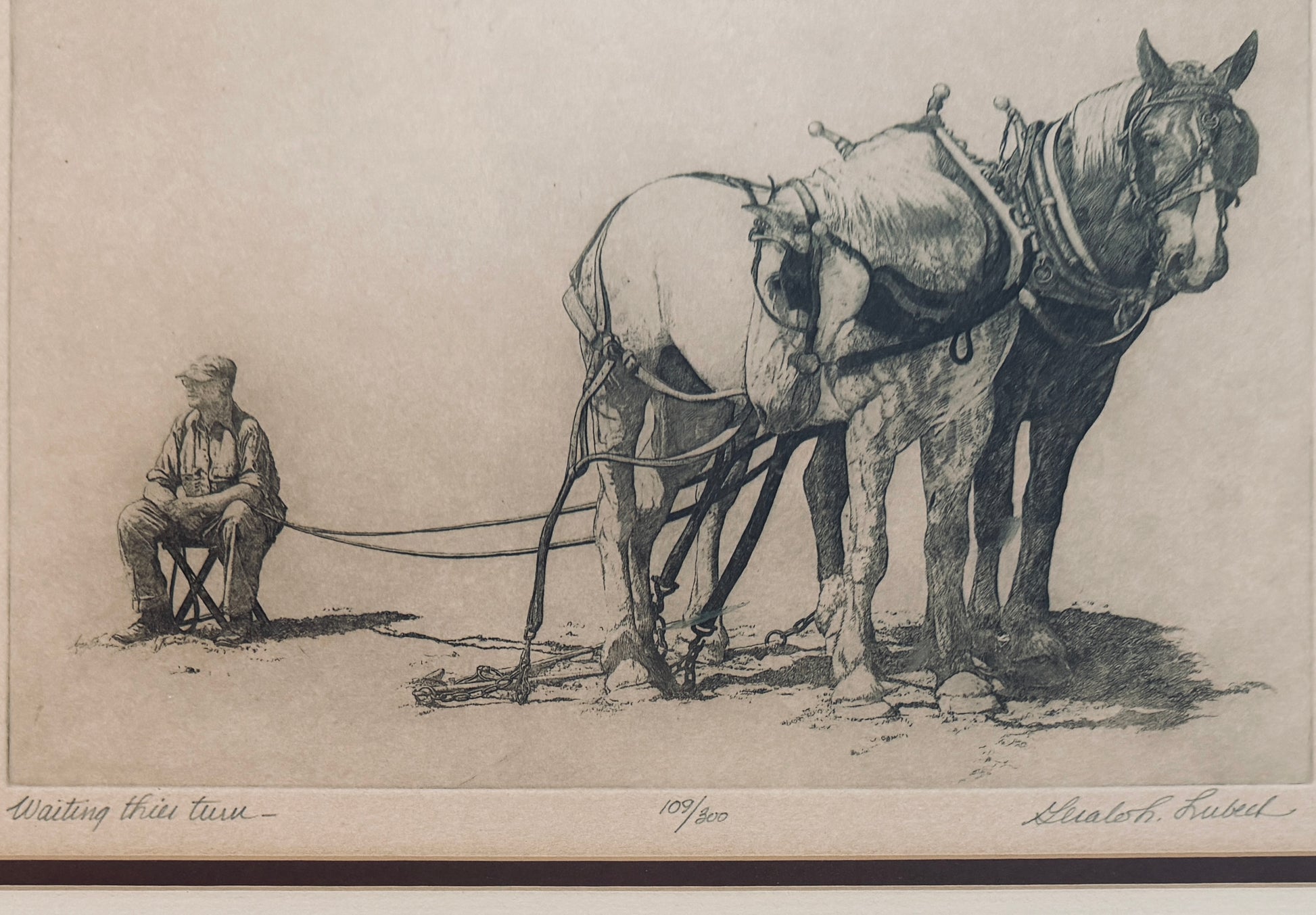 Lubeck Etching of a man sitting on a stool with two harnessed horses.
