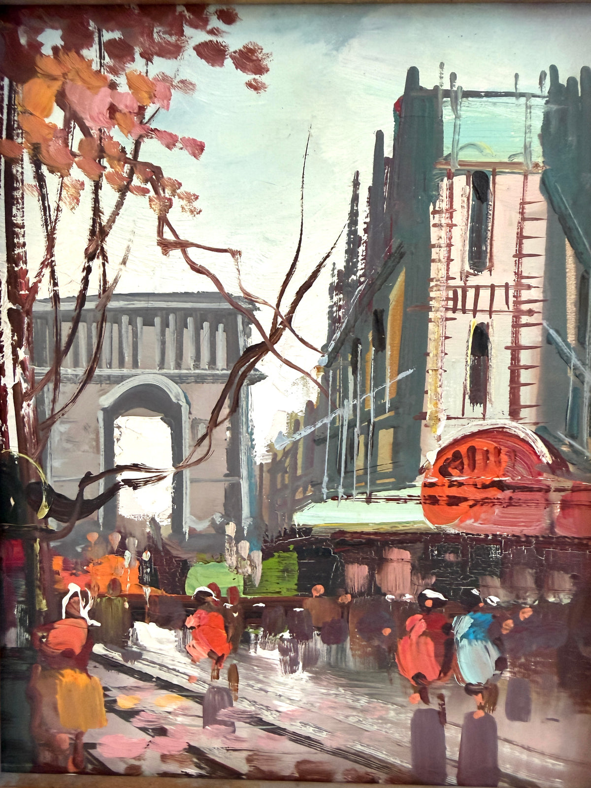 An impressionist-style painting of a city street scene with pedestrians, buildings, a large arch in the background, and autumn trees with orange and pink leaves.
