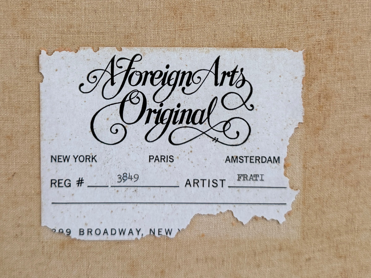A torn vintage-style paper label with black cursive script reading 'A Foreign Arts Original' and printed city names and registration details, placed on a beige linen background.