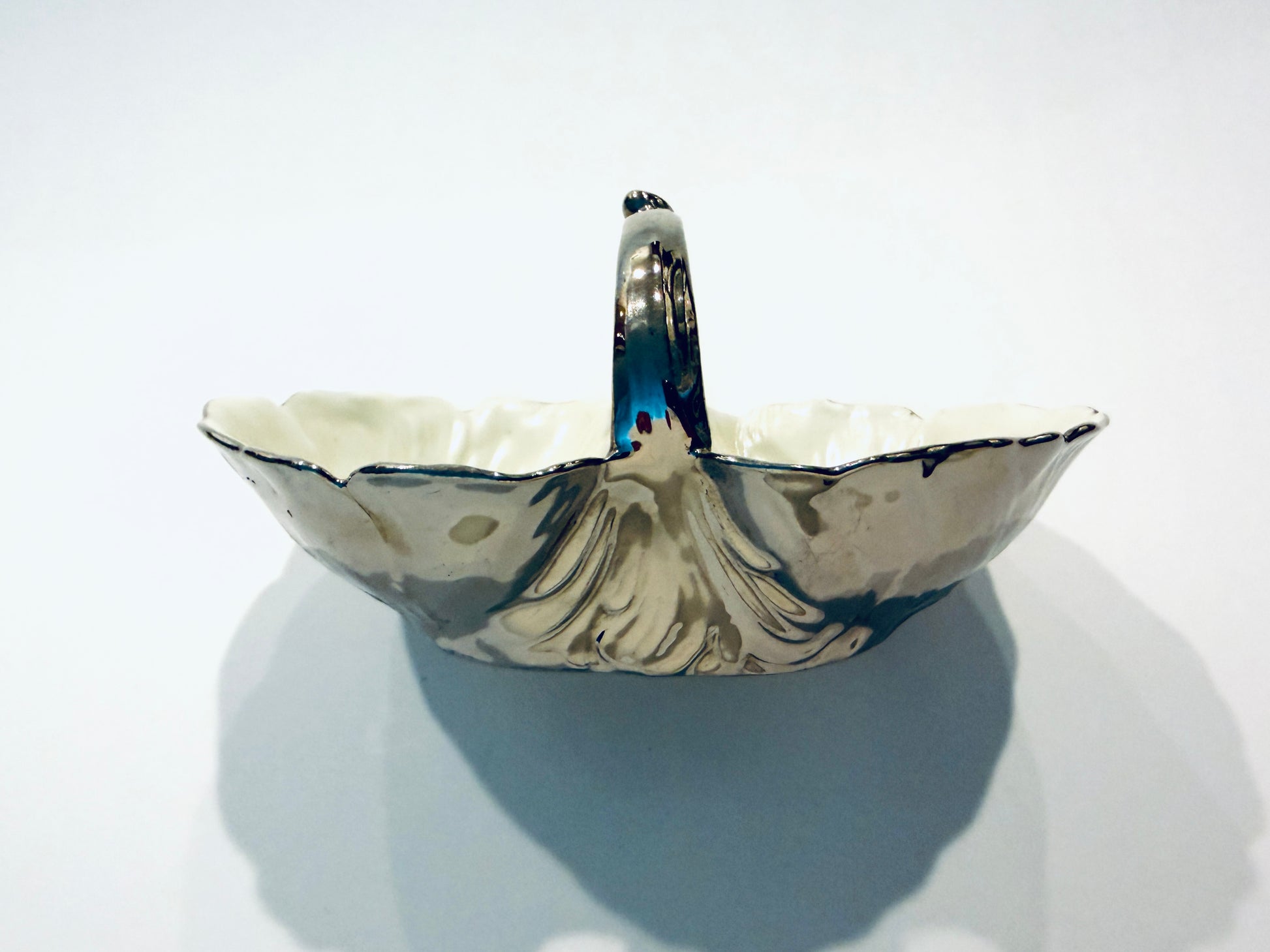 Silver Overlay Scallop Porcelain Serving Basket Made In Czechoslovakia