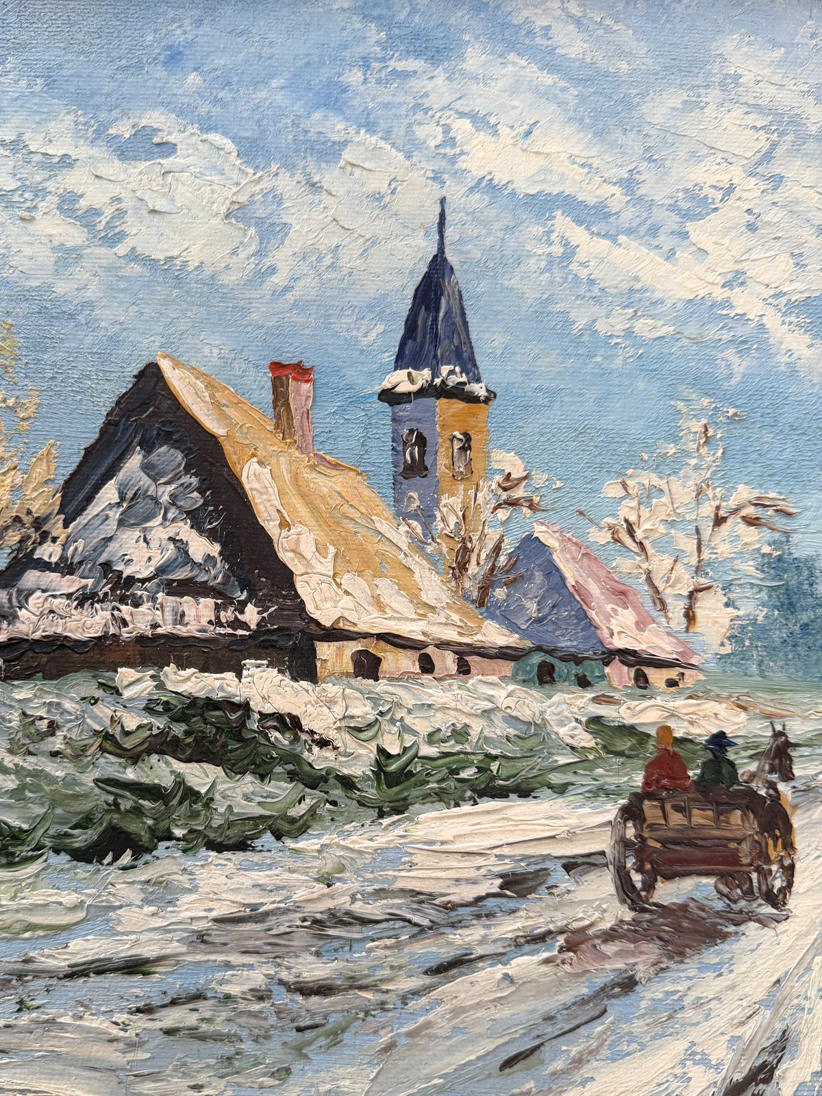 Impressionistic winter landscape painting featuring snow-covered rooftops, a church tower, bare trees, and a horse-drawn carriage on a snowy road under a blue sky.