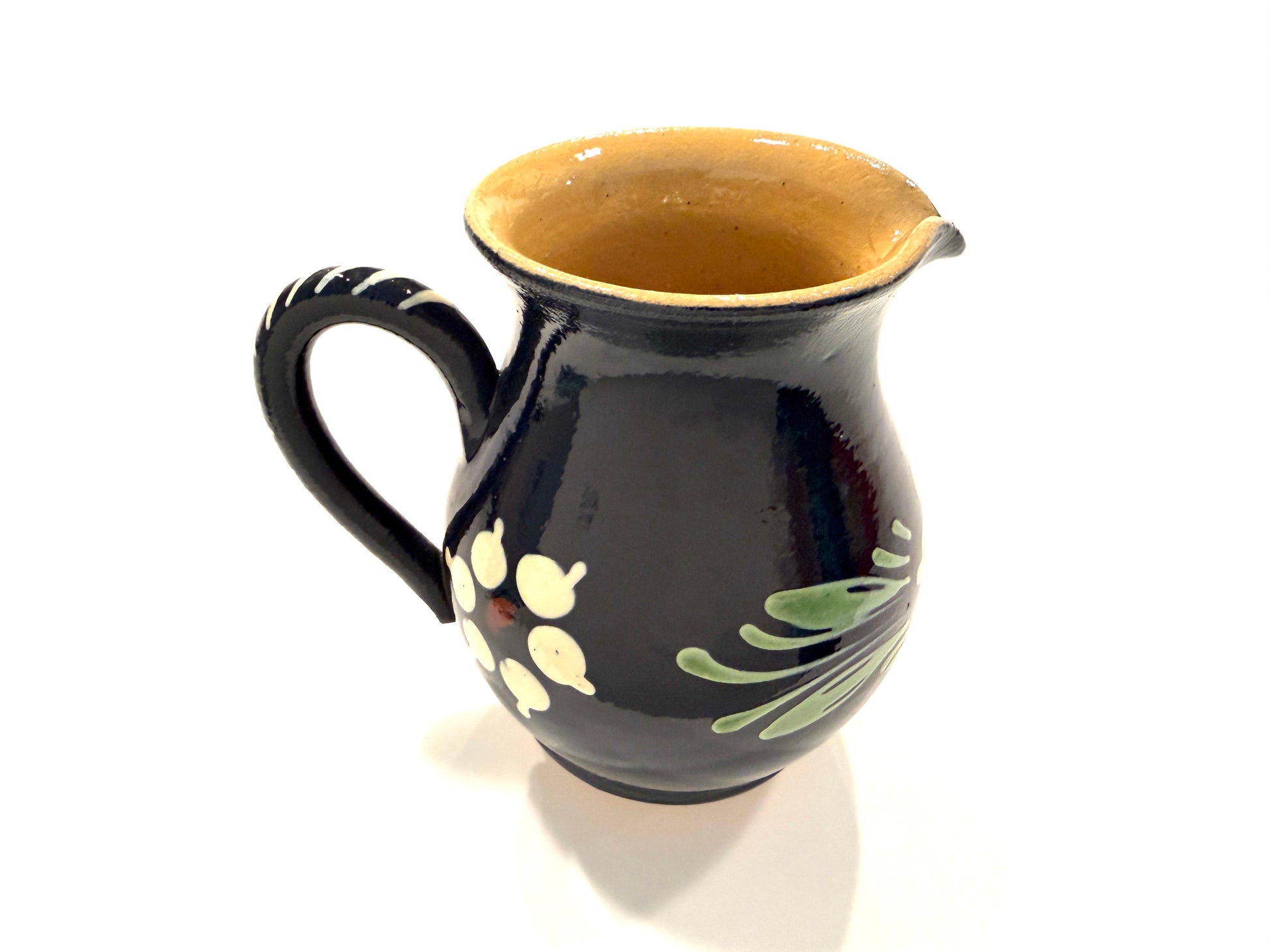 French Earthenware Cobalt Blue Glazed Ceramic Floral Pitcher