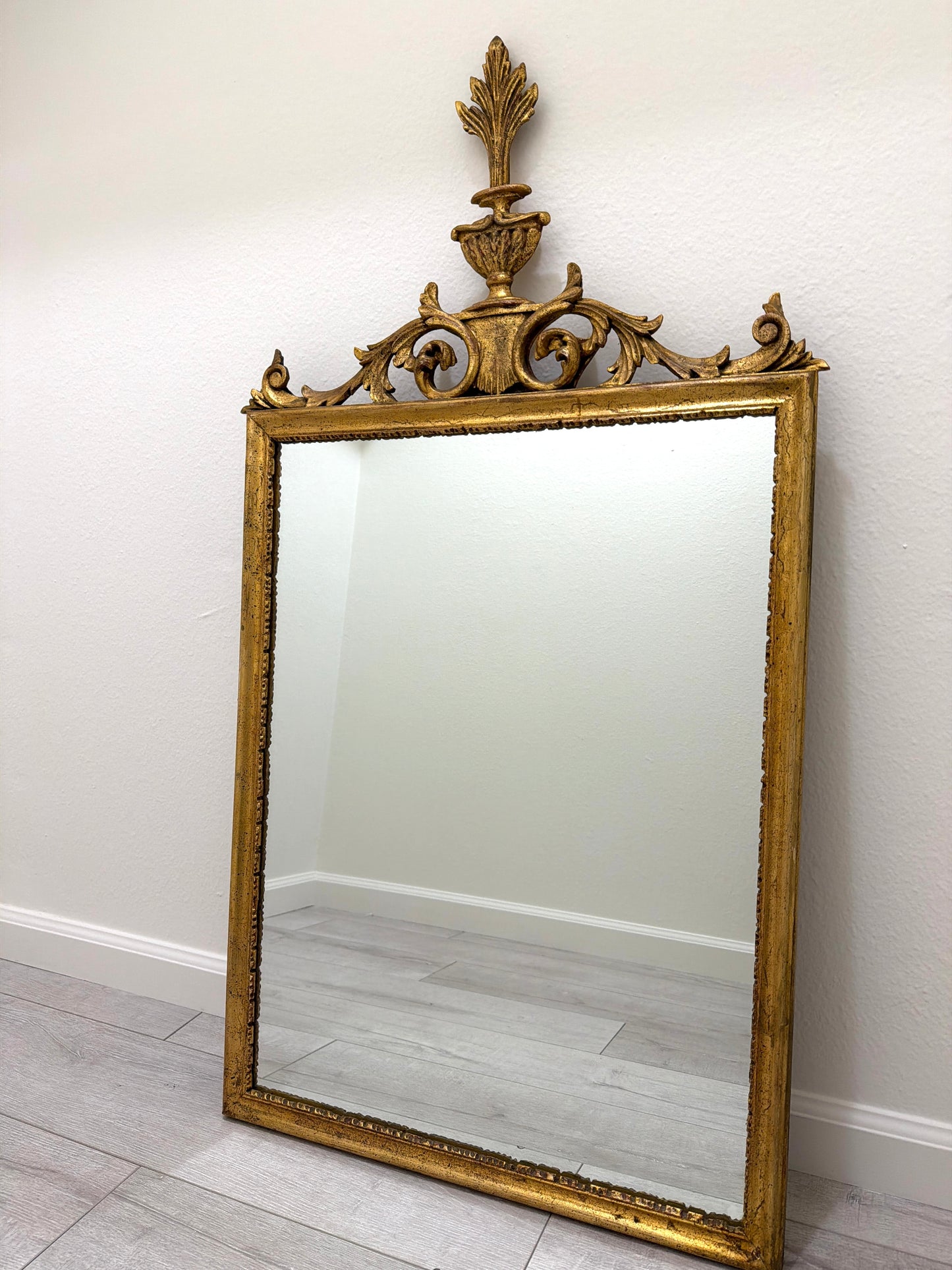 Rococo Style Italian Gold Leaf Scrolled Vase Acanthus Leaf Crest Mirror 