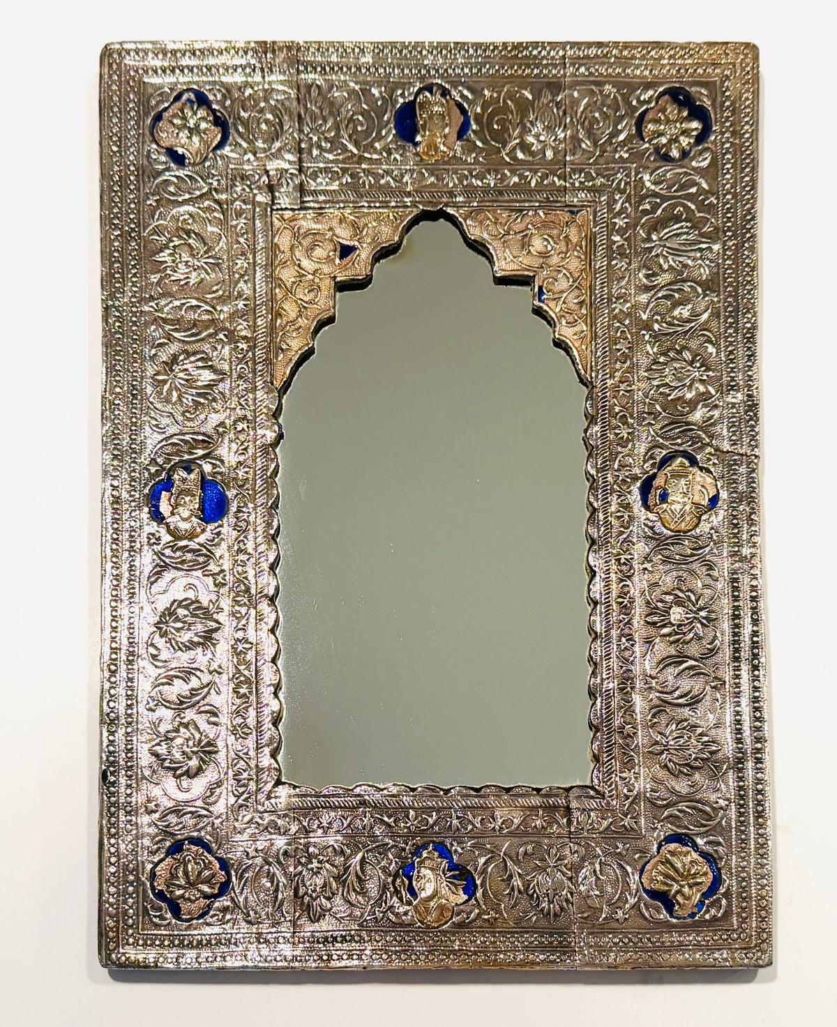 Antique Persian Silver Figurative Enamel Cartouches Frame Floral Repousse Arch Mirror