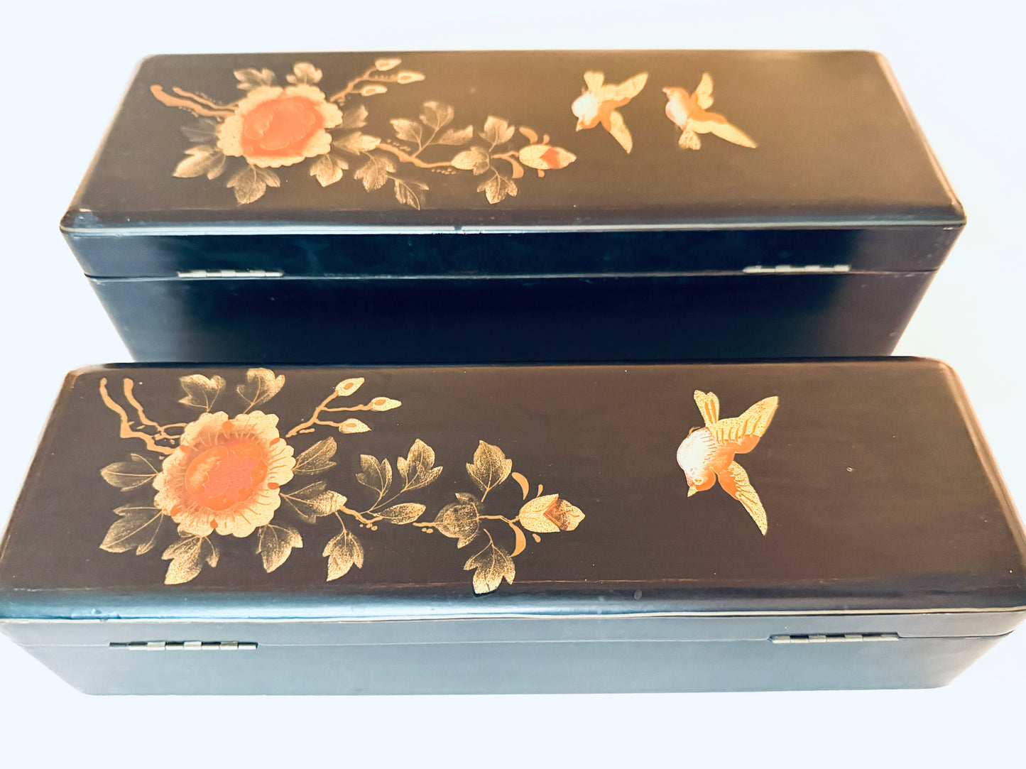 Japanese Black Lock Signed Hinged Boxes Hand Painted Floral Birds Design
