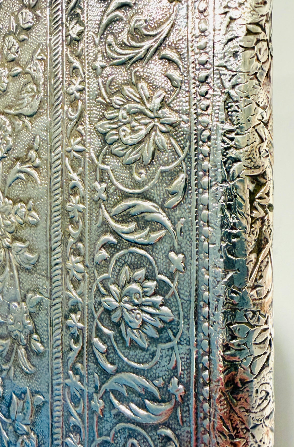 Antique Persian Silver Figurative Enamel Cartouches Frame Floral Repousse Arch Mirror