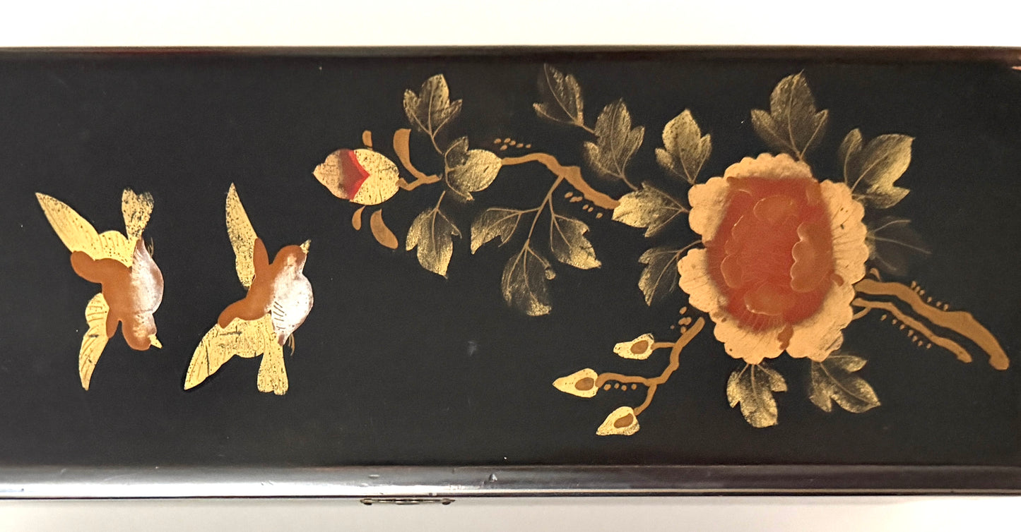 Japanese Black Lock Signed Hinged Boxes Hand Painted Floral Birds Design
