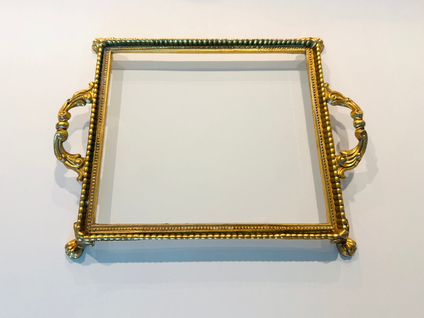 Italian Style Gilded Vintage Glass Base Double Handles Twisted Rope Vanity Tray