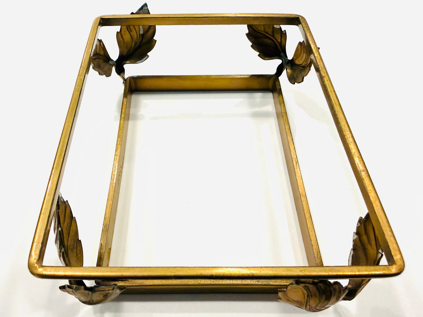 Heisey Pressed Glass Leaf Design Antique Apollo Brass Box