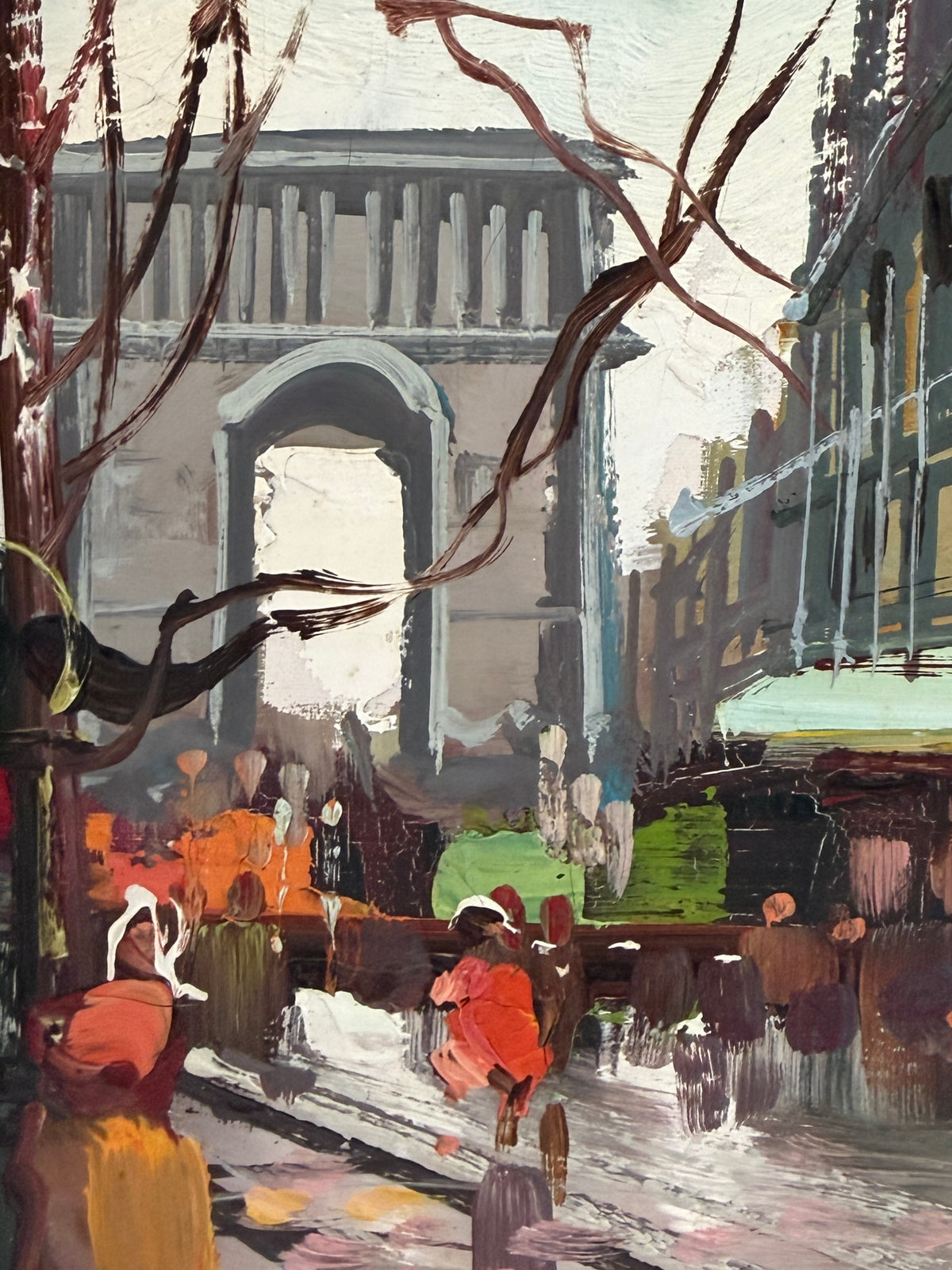 An impressionistic painting of a city street scene with a large archway in the background, leafless tree branches across the foreground, and figures in orange, red, green, and brown clothing walking along the street.
