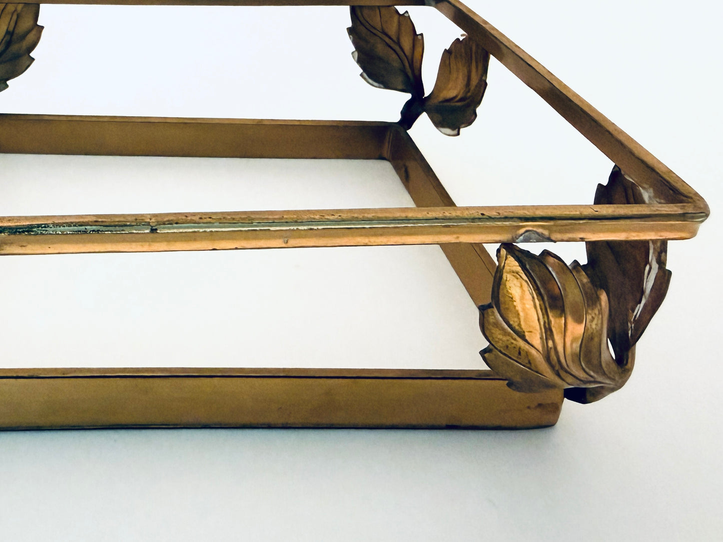 Heisey Pressed Glass Leaf Design Antique Apollo Brass Box