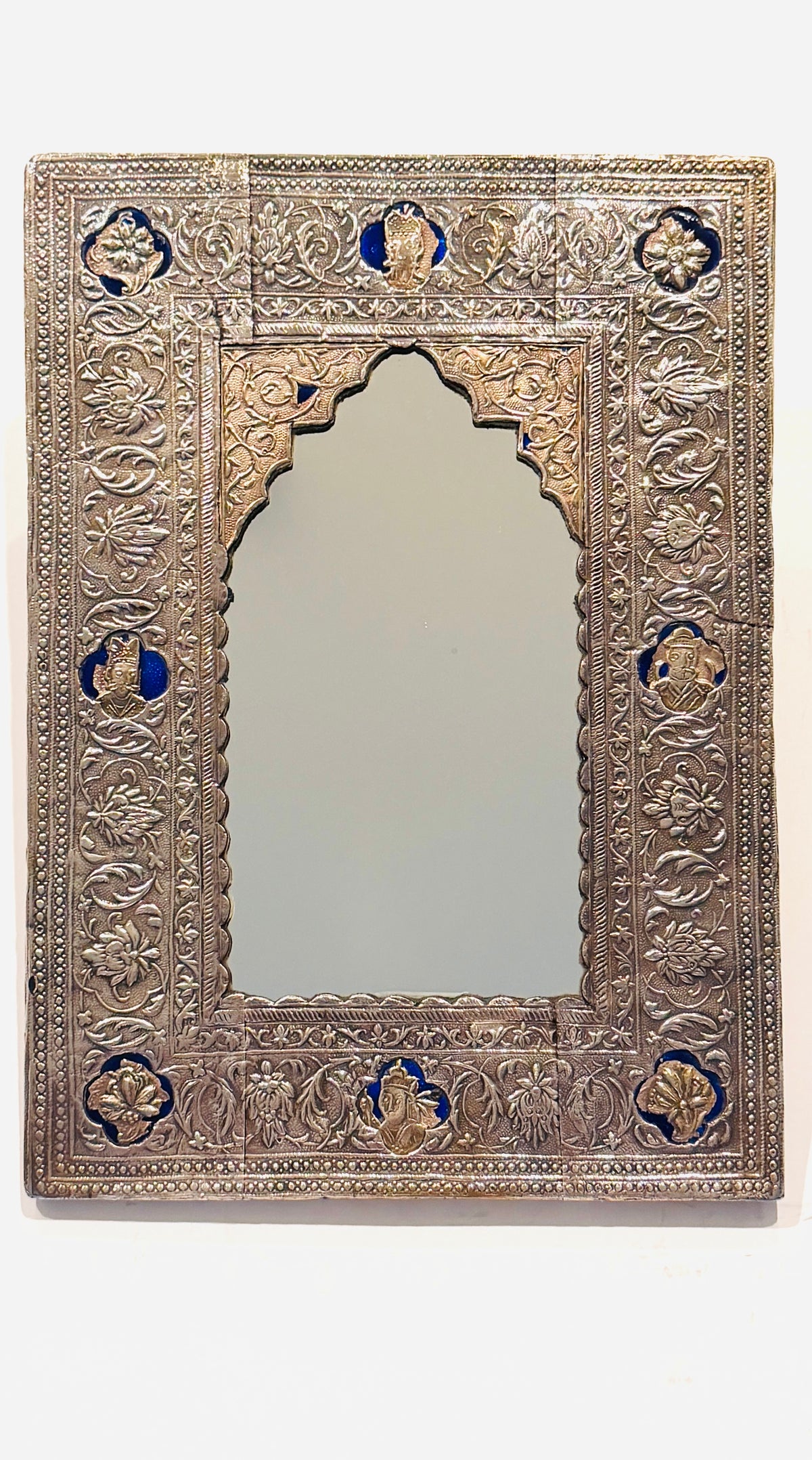 Antique Persian Silver Figurative Enamel Cartouches Frame Floral Repousse Arch Mirror
