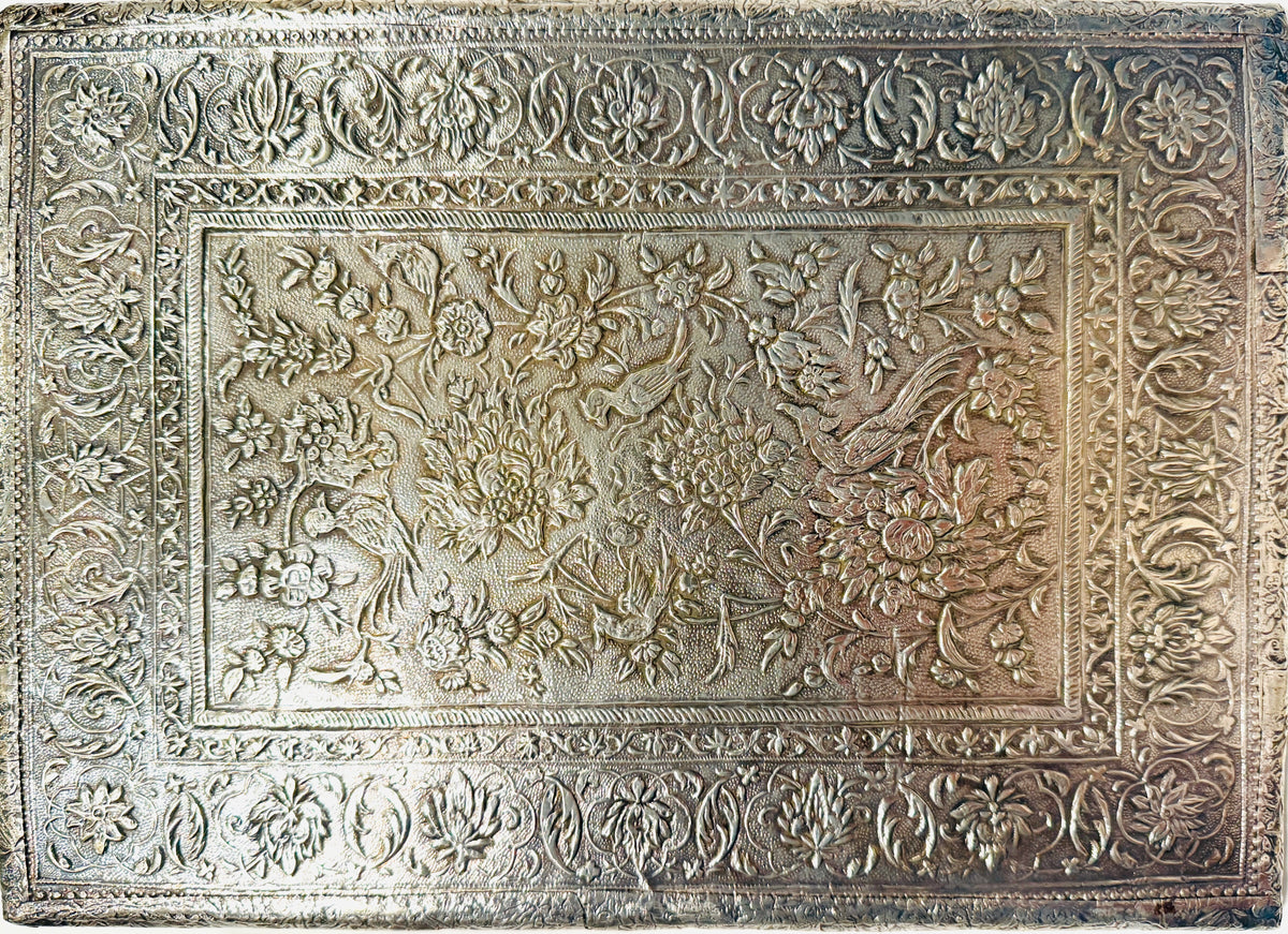 Antique Persian Silver Figurative Enamel Cartouches Frame Floral Repousse Arch Mirror