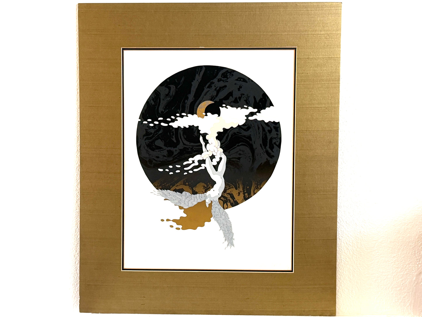 Moon Limited Edition Lithograph Signed, Titled, Dated, Numbered in Pencil Gouache featuring a stylized black circular illustration a small gold crescent moon, and a white figure, a brushed gold Mat.