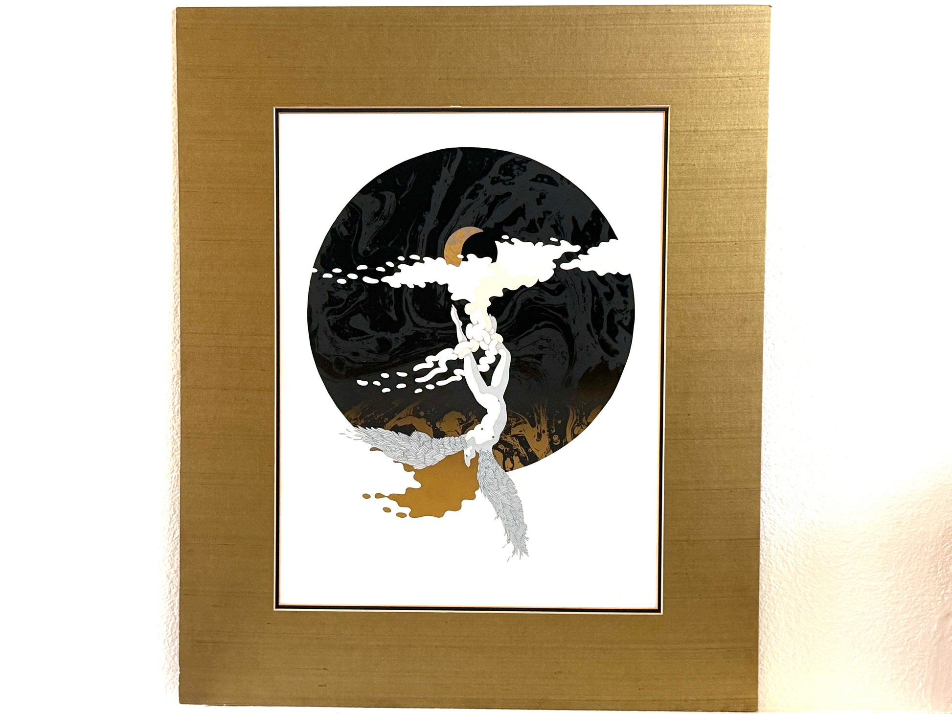 Moon Limited Edition Lithograph Signed, Titled, Dated, Numbered in Pencil Gouache featuring a stylized black circular illustration a small gold crescent moon, and a white figure, a brushed gold Mat.