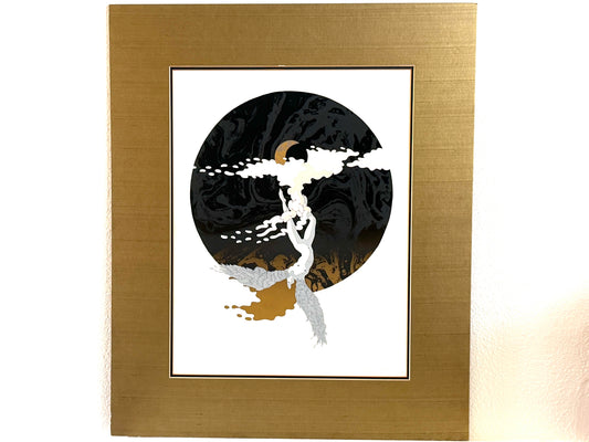 Moon Limited Edition Lithograph Signed, Titled, Dated, Numbered in Pencil Gouache featuring a stylized black circular illustration a small gold crescent moon, and a white figure, a brushed gold Mat.