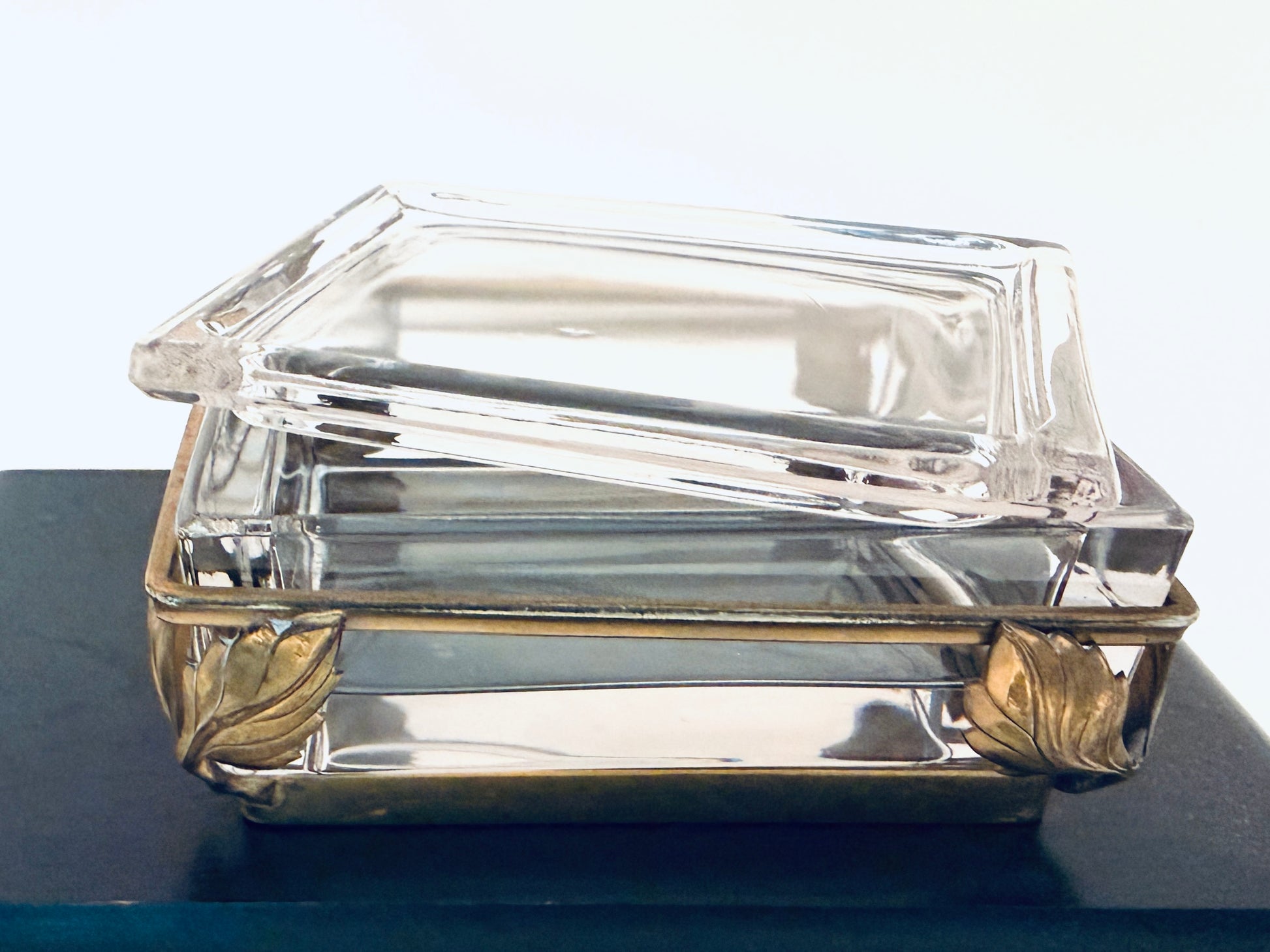 Apollo Brass Heisey Pressed Glass Leaf Design Antique Box