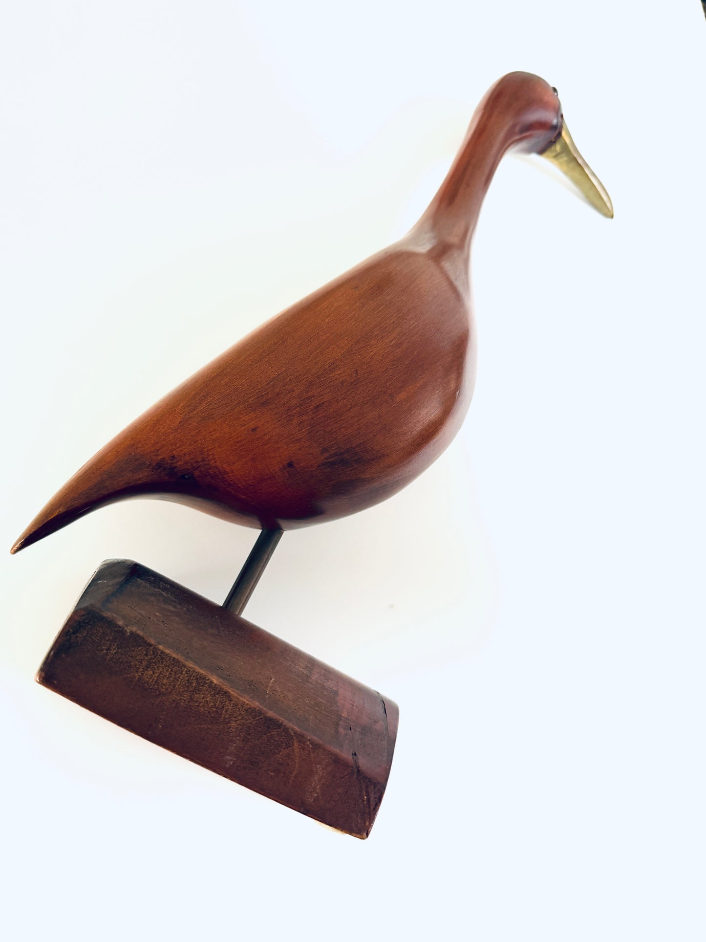 Mid Century Modern Mahogany Seagul Metal Beak Glass Eye Sculpture On Stand