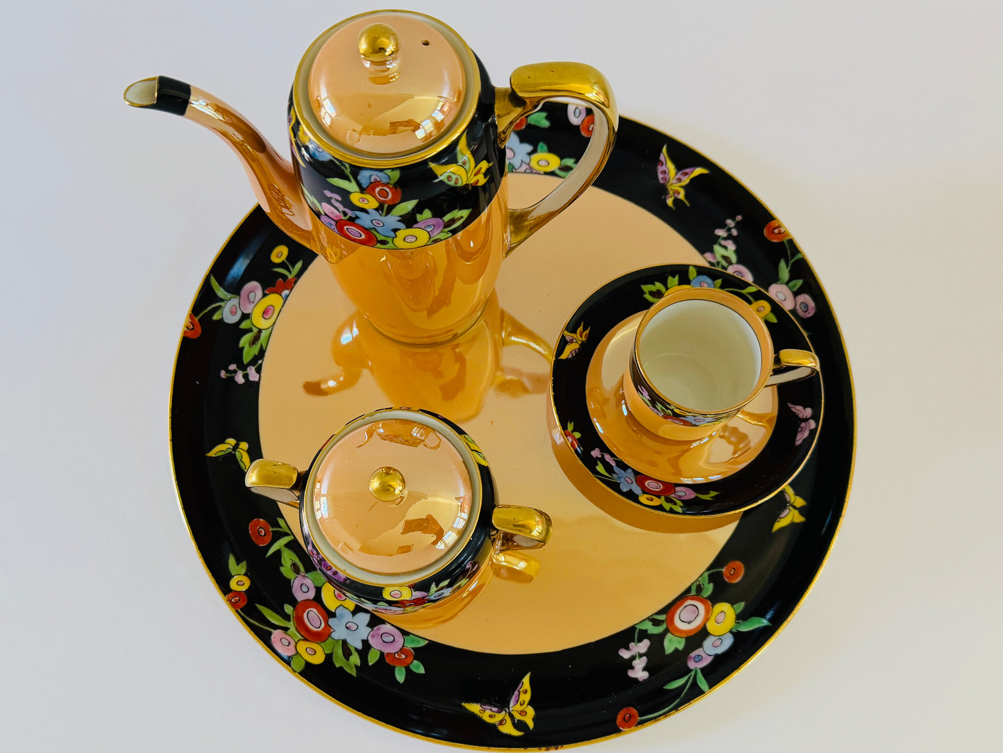 Noritake M Vintage Lusterware  Floral Butterfly 7 Pieces Coffee Set Made In Japan